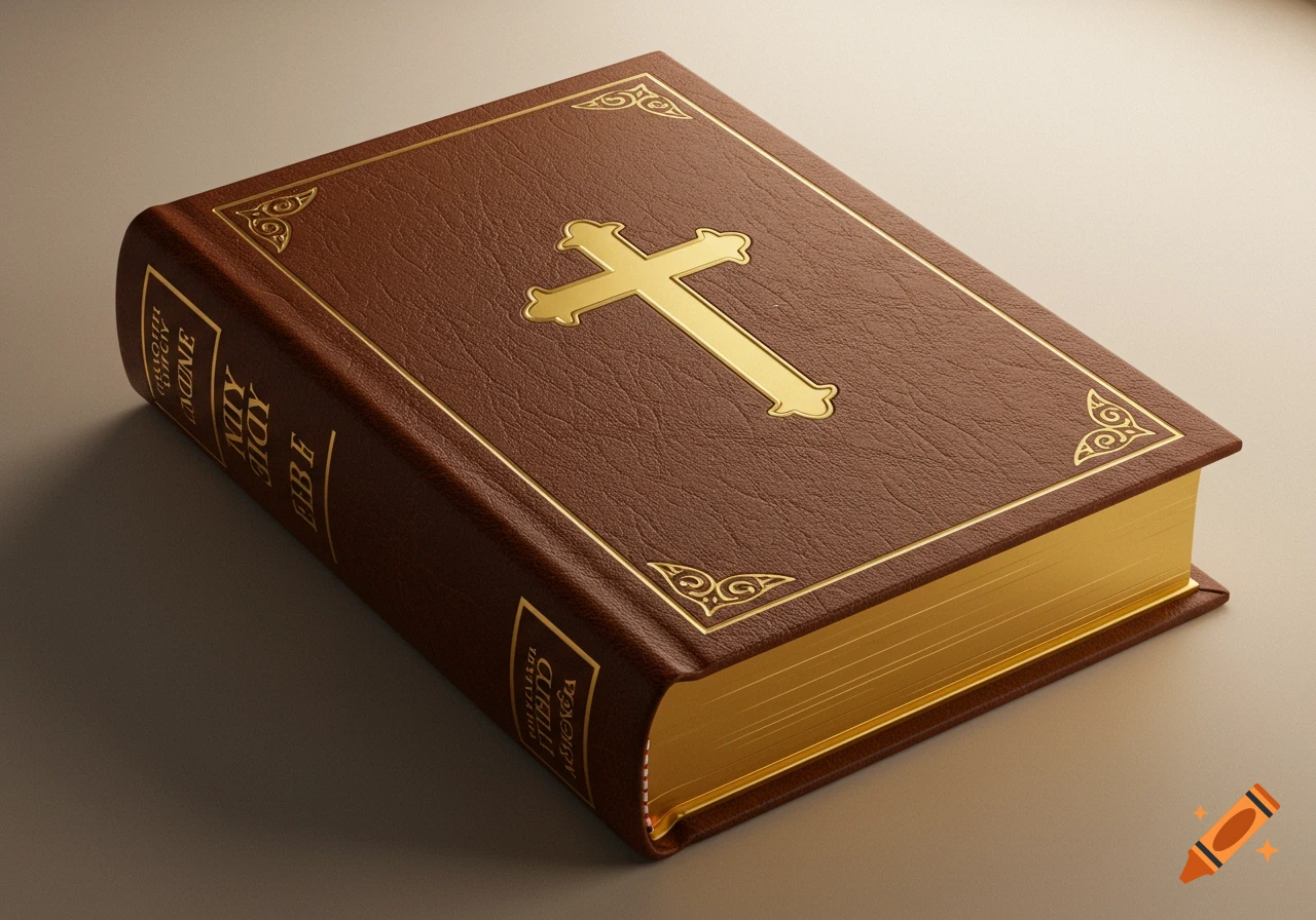 A photorealistic 3D rendering of a closed Holy Bible with a brown leather cover, a golden cross emblem, and gold-edged pages, resting on a flat surface.