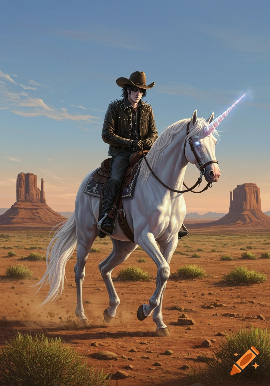 An emo cowboy riding a white unicorn with a glowing horn in a desert with red rock formations, in a photorealistic style.