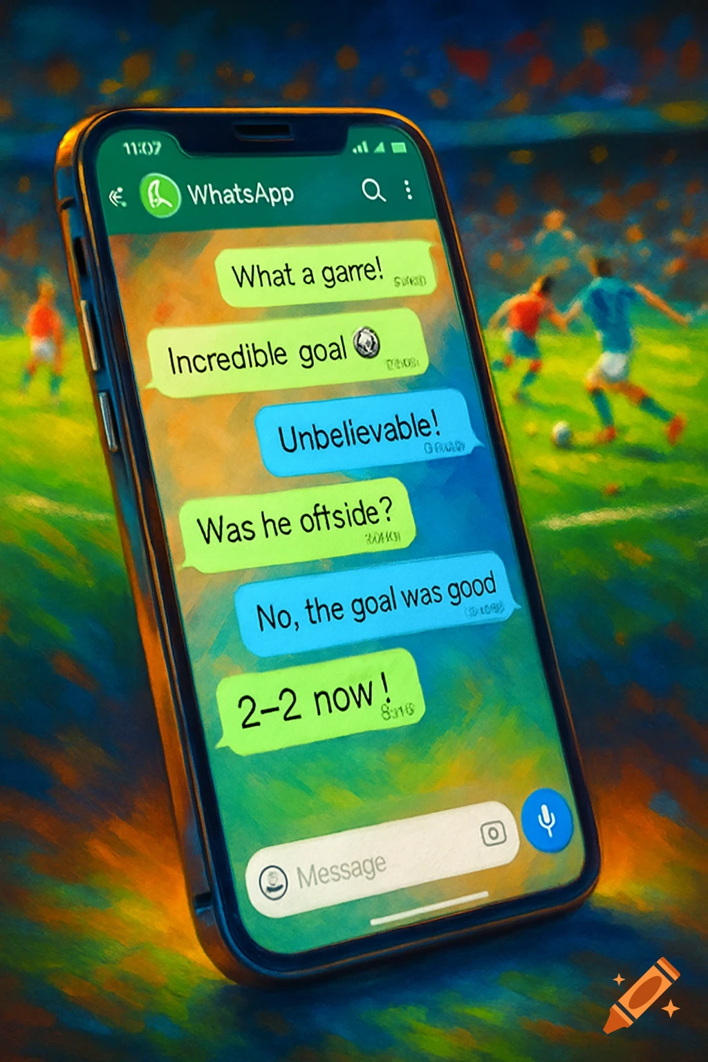A smartphone displaying a WhatsApp chat about a soccer game, with a blurry, painterly soccer field in the background.