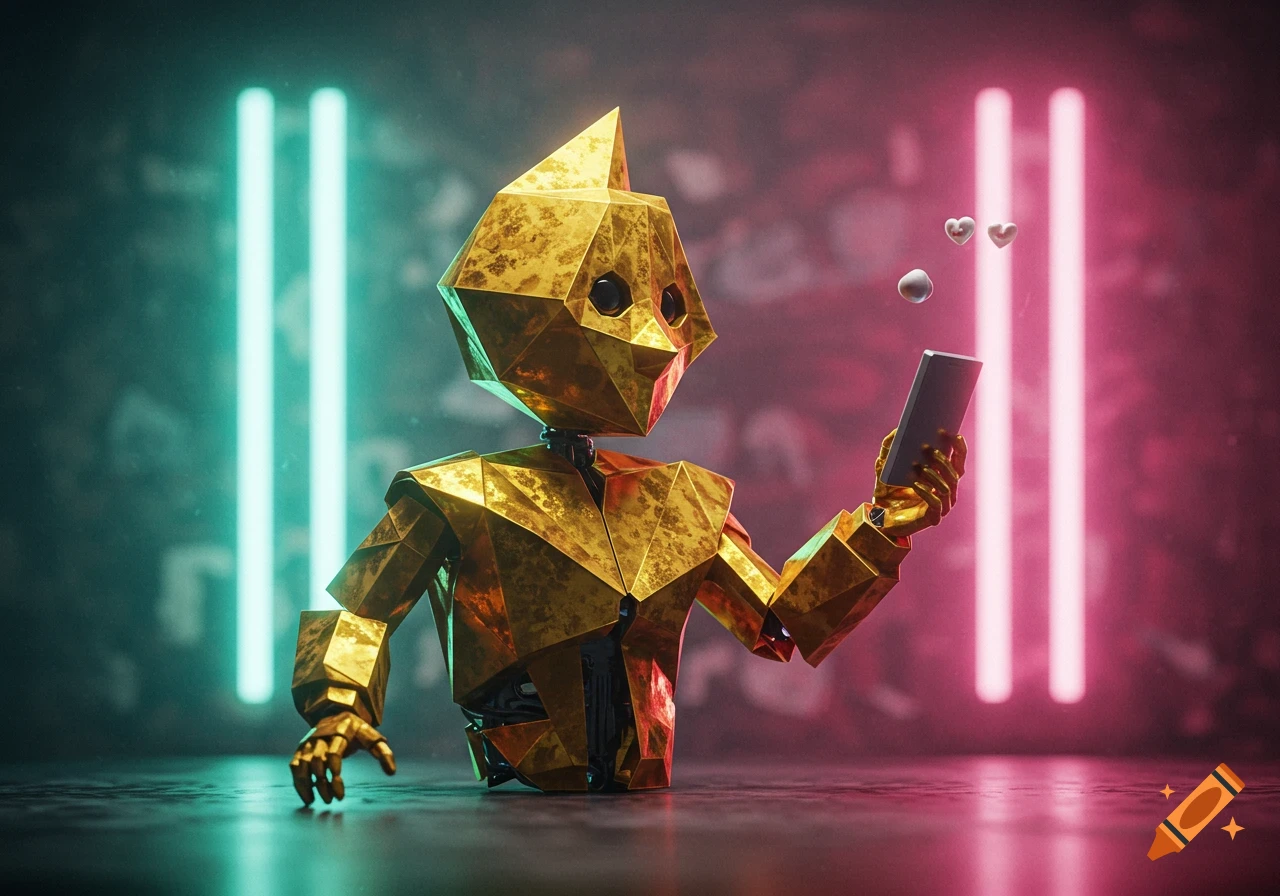 A golden, geometric robot holds a smartphone, with floating hearts above it, against a backdrop of glowing green and pink neon lights.