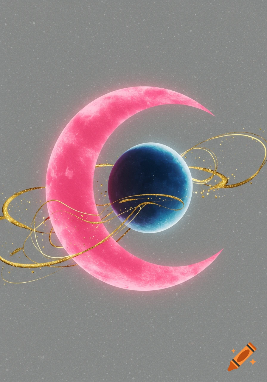 A large pink crescent moon with a smaller blue planet inside, surrounded by swirling gold mist on a grey background.