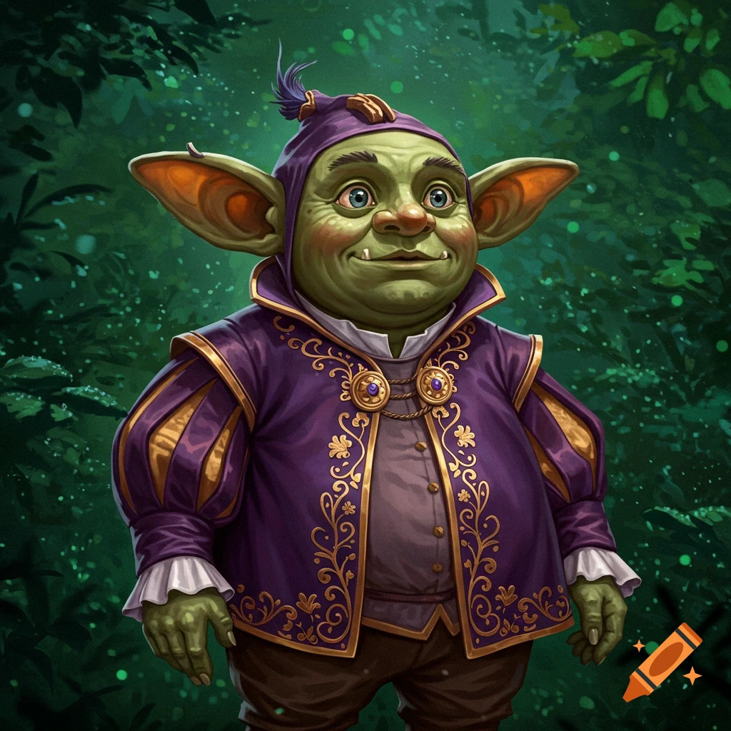 A smiling, green-skinned goblin with large ears and a potbelly, wearing a purple and gold tunic, stands in a green forest.