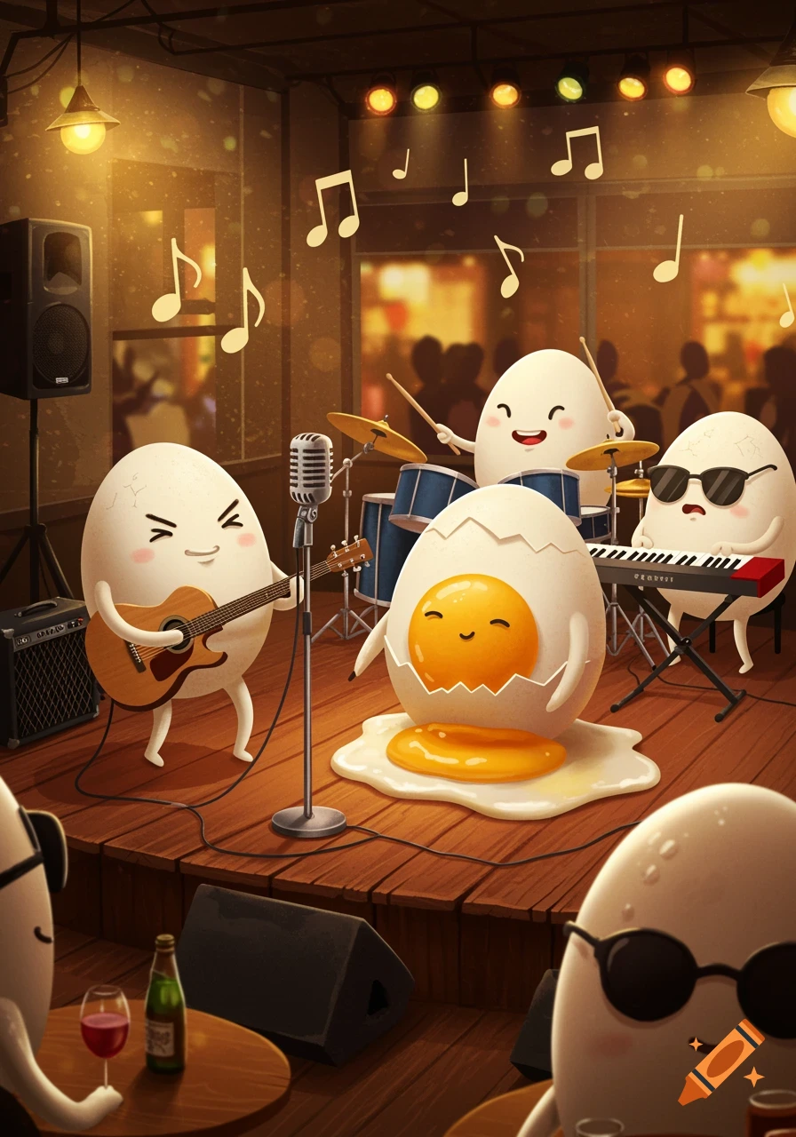 A whimsical cartoon illustration of an egg band performing on stage in a dimly lit club. One egg plays guitar, another drums, and a third plays keyboard. A cracked egg character with a yolk face sings at the microphone.