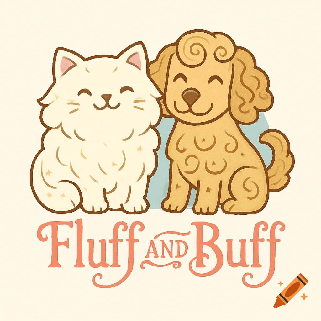 A cute cartoon logo featuring a cream-colored cat and a golden dog, with the text 'Fluff and Buff' below them.