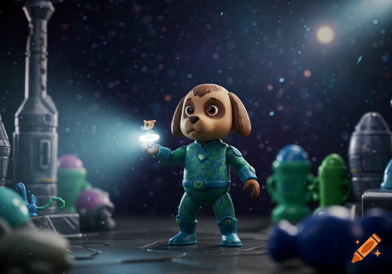 An anthropomorphic dog action figure in a green and blue spacesuit holds a small glowing creature on a space station.
