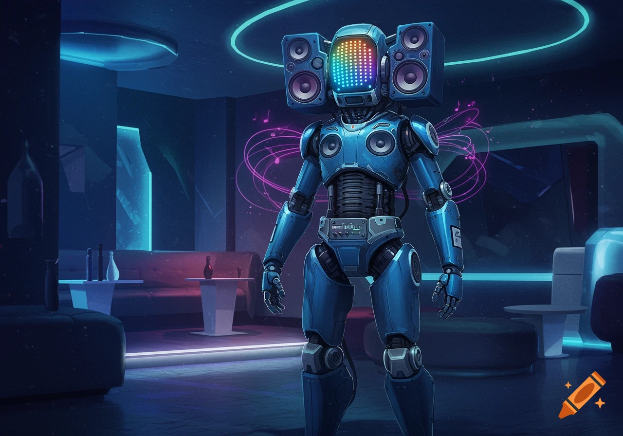 A blue robot with speakers on its head and chest stands in a futuristic, neon-lit club.