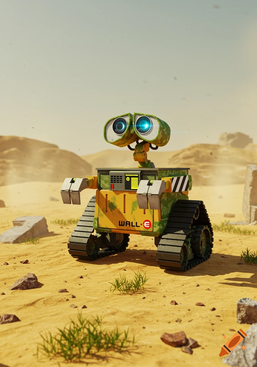 WALL-E robot with green camo pattern and glowing blue eyes stands in a sandy desert with rocks.