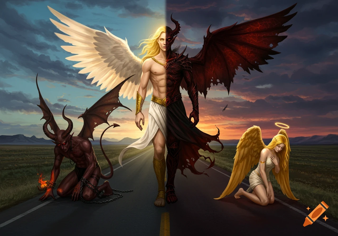 Half-angel, half-demon man walks on a road between a kneeling demon and a kneeling angel.