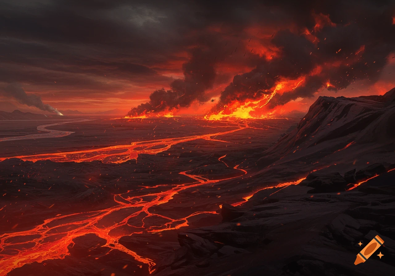 A dark, ominous volcanic landscape with rivers of bright orange molten lava flowing under a smoke-filled, reddish-black sky.