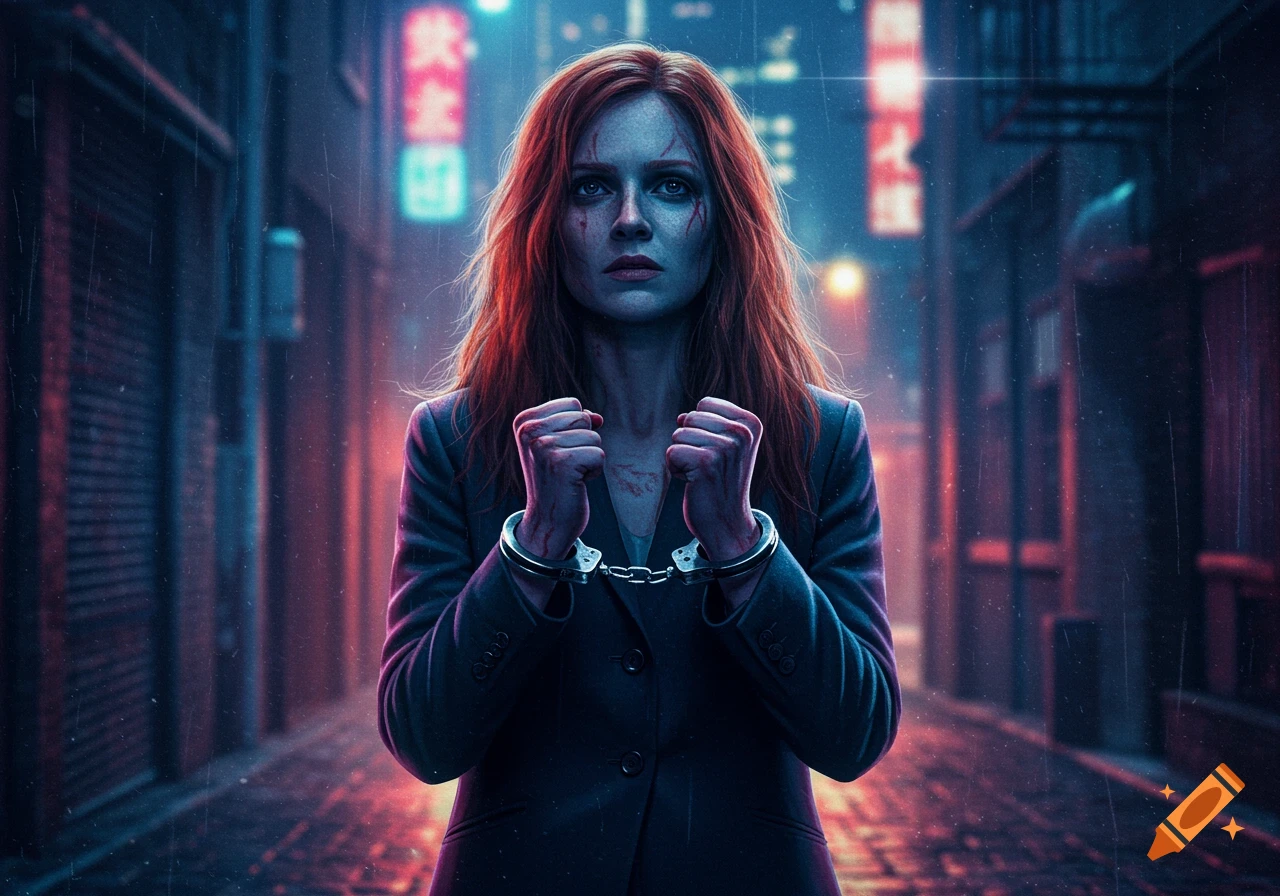 A woman with red hair and scratches on her face and wrists is handcuffed in a dark, rainy cyberpunk alley.