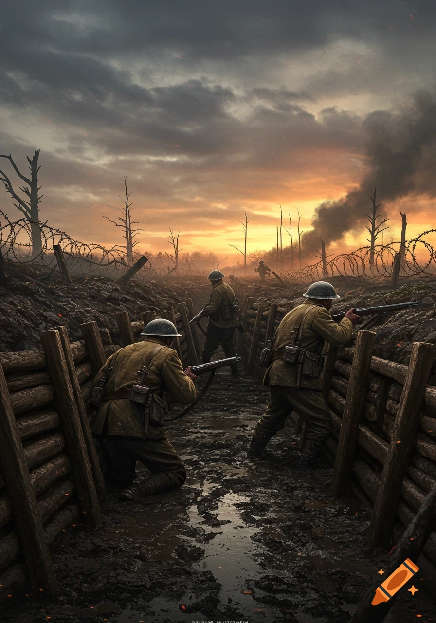 World War 1 soldiers in a muddy trench at sunset with barbed wire and smoke.