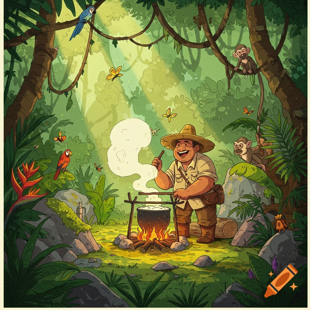 A colorful illustration depicts an expedition cook stirring a pot over a campfire in a vibrant jungle, surrounded by trees, rocks, monkeys, and birds.