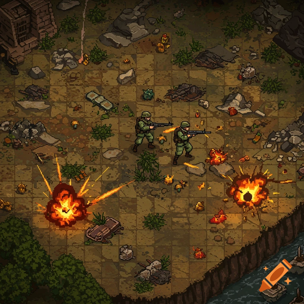 Top-down pixel art view of two soldiers firing rifles amidst explosions in a war-torn landscape.