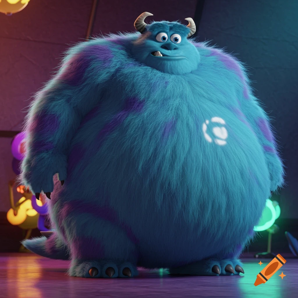A large, round, blue furry monster with purple spots, resembling Sulley from Monsters Inc., stands in a 3D animated style.