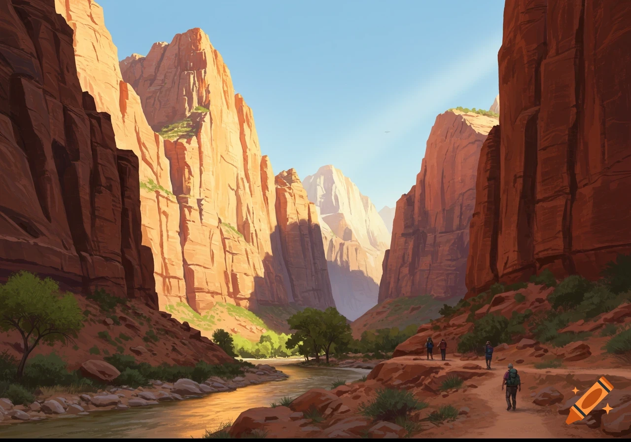 A vast canyon landscape with towering reddish rock formations, a river flowing through, and hikers on a trail under a bright blue sky.