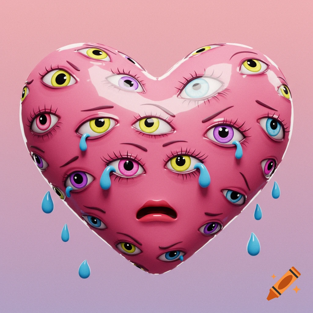 A glossy pink heart covered in multiple colorful crying eyes and a small mouth, in a 3D rendered emoji style.