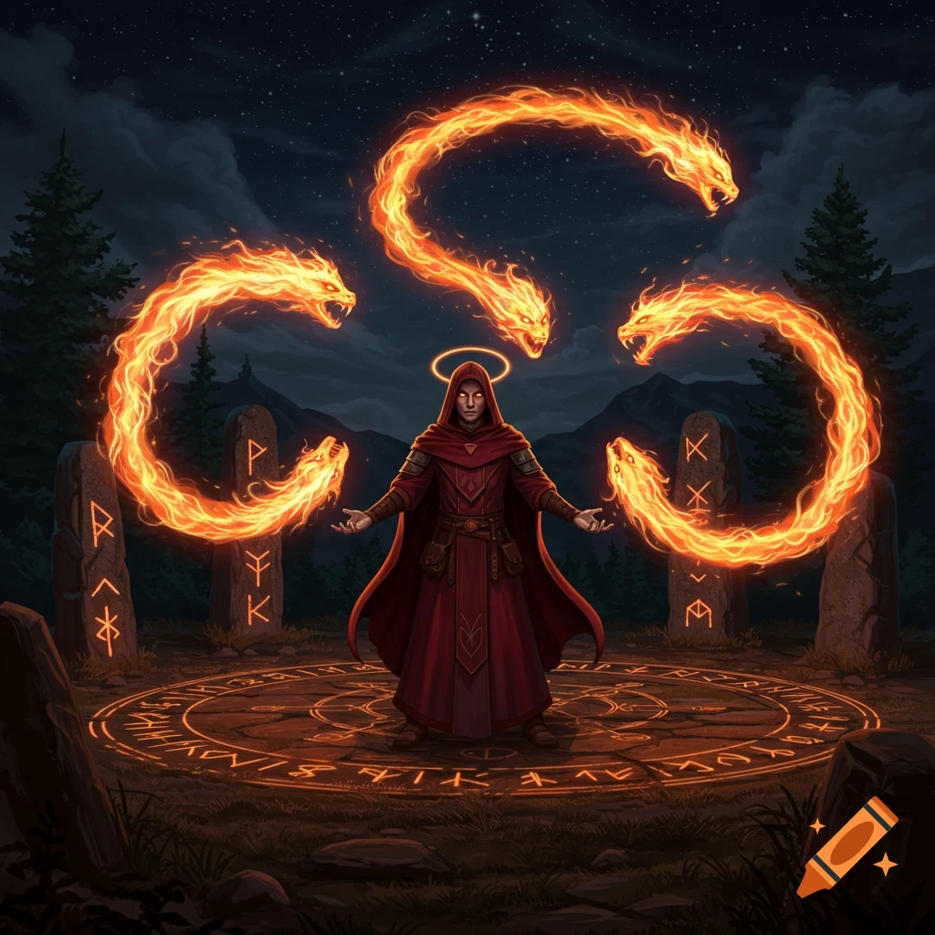 A robed cleric stands in a glowing magic circle at night, summoning five fiery serpent-like creatures.