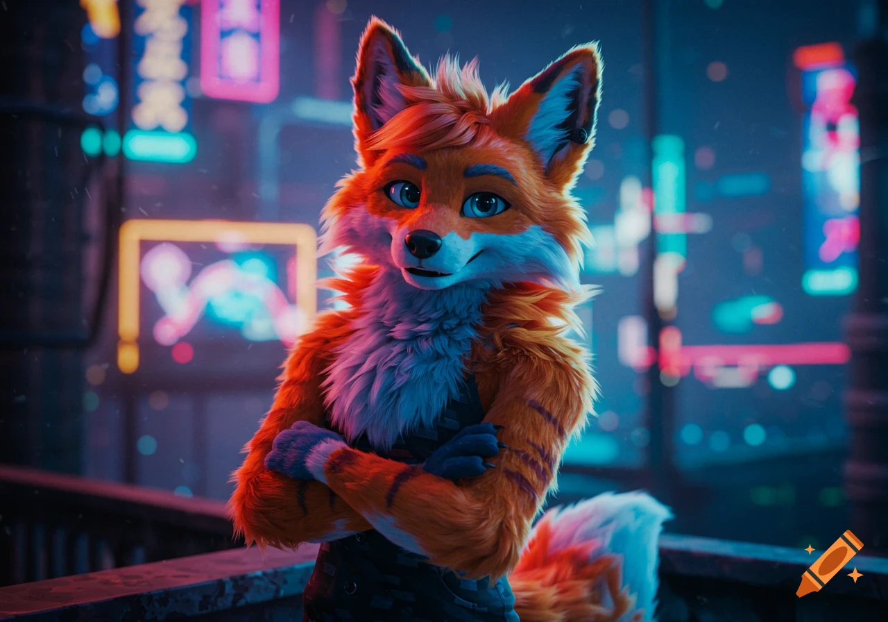 An orange and white furry fox character with blue eyes stands with crossed arms in a neon-lit cyberpunk city.