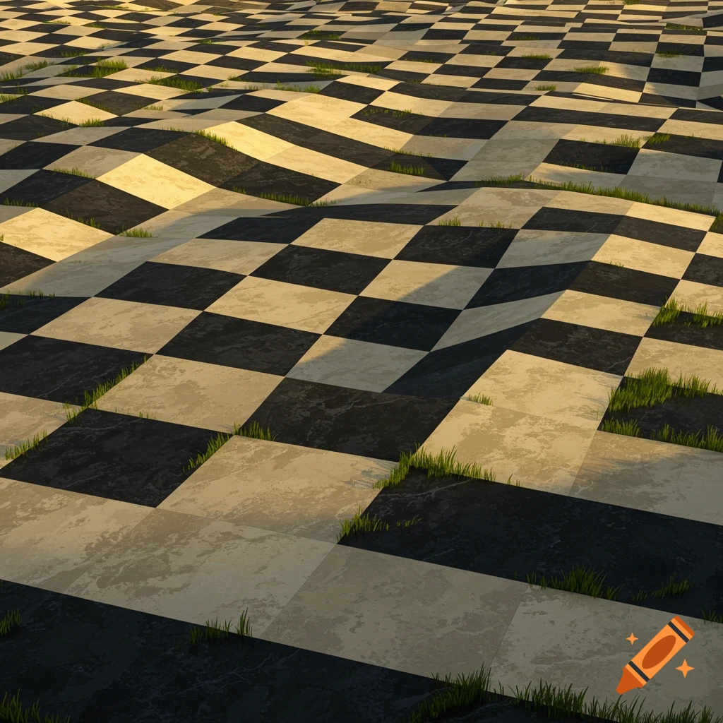 A wavy black and off-white checkered pattern covers a terrain, with patches of green grass growing from the squares, illuminated by golden light.