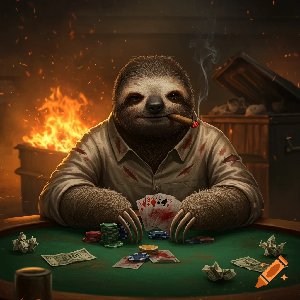 A cool sloth with scars and a cigar plays poker at a green table, with stacks of chips and money, and a fiery dumpster behind it.
