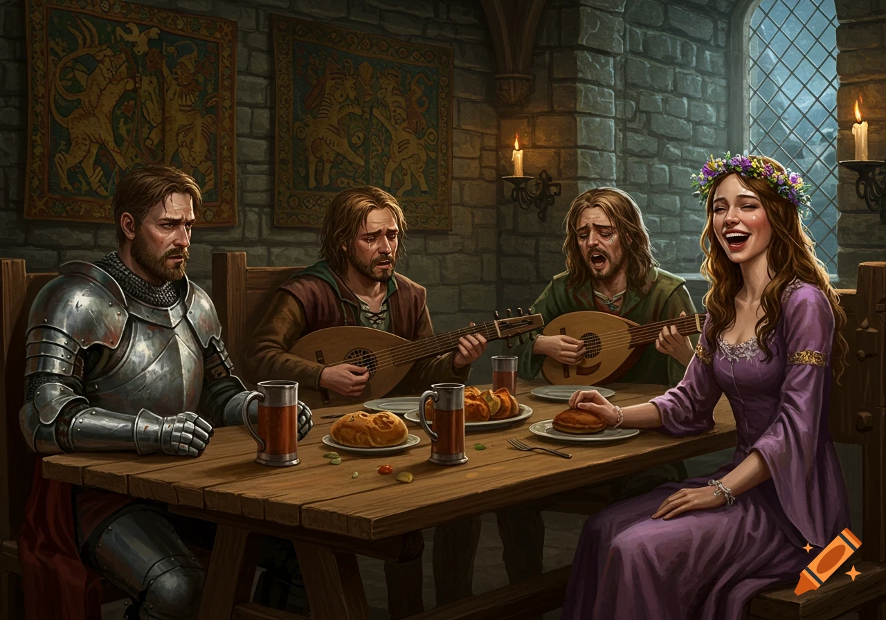 A knight, two men playing lutes, and a laughing woman with a flower crown at a medieval feast in a stone hall.