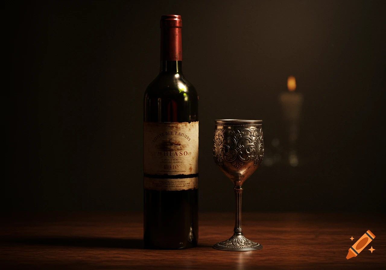 A still life image of a dark bottle of red wine next to an ornate silver wine glass on a wooden table, with a blurred lit candle in the background.