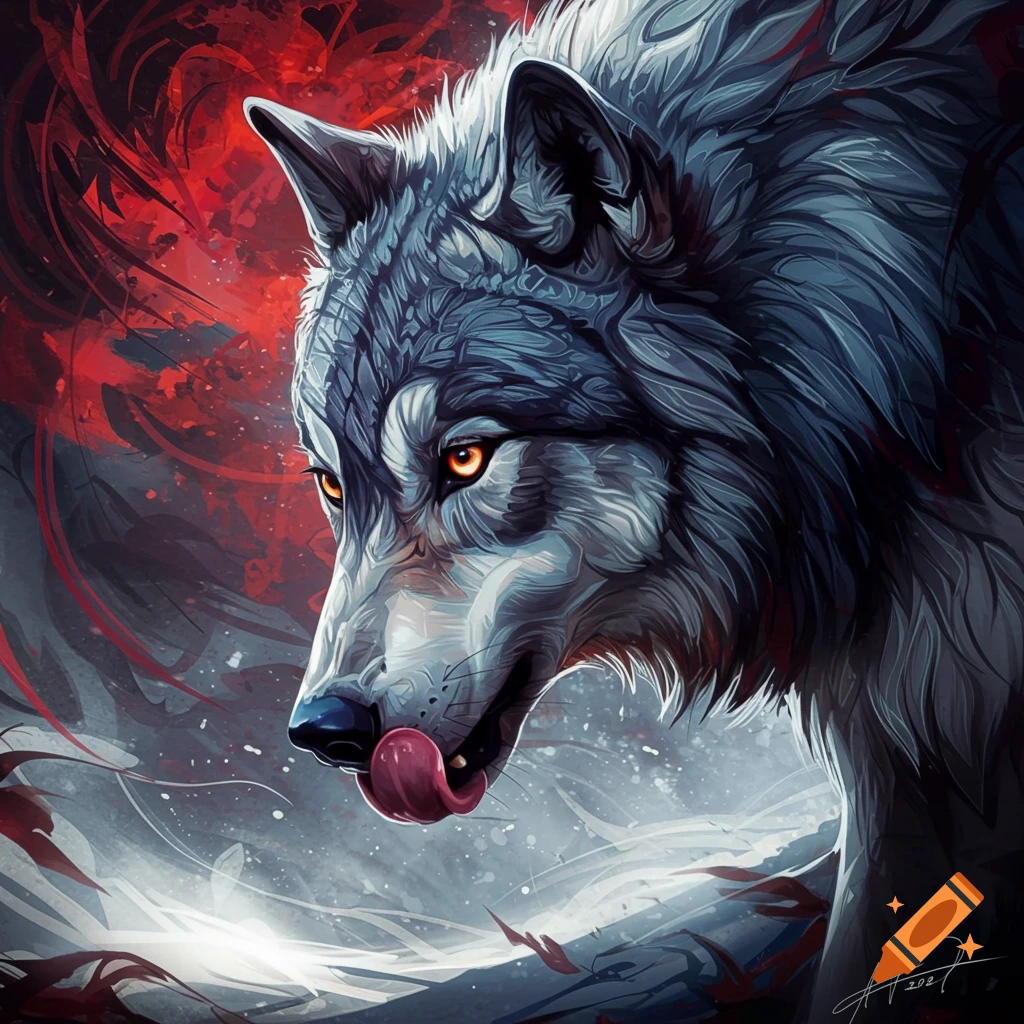 A stylized gray wolf with glowing orange eyes licks its lips against an abstract red and gray background.