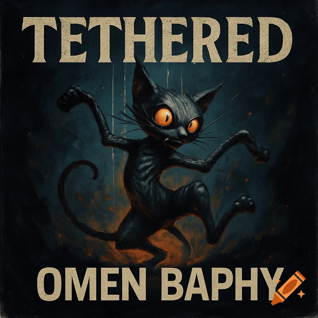 Tim Burton-style black cat marionette with orange eyes, appearing to break free from strings, on a dark, swirling background. Album cover with 'TETHERED' and 'OMEN BAPHY'.
