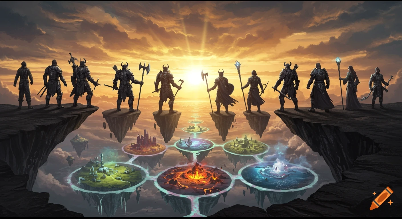 Ten armored warriors stand on a cliff edge overlooking various floating fantasy realms connected by glowing paths under a dramatic sunset sky.