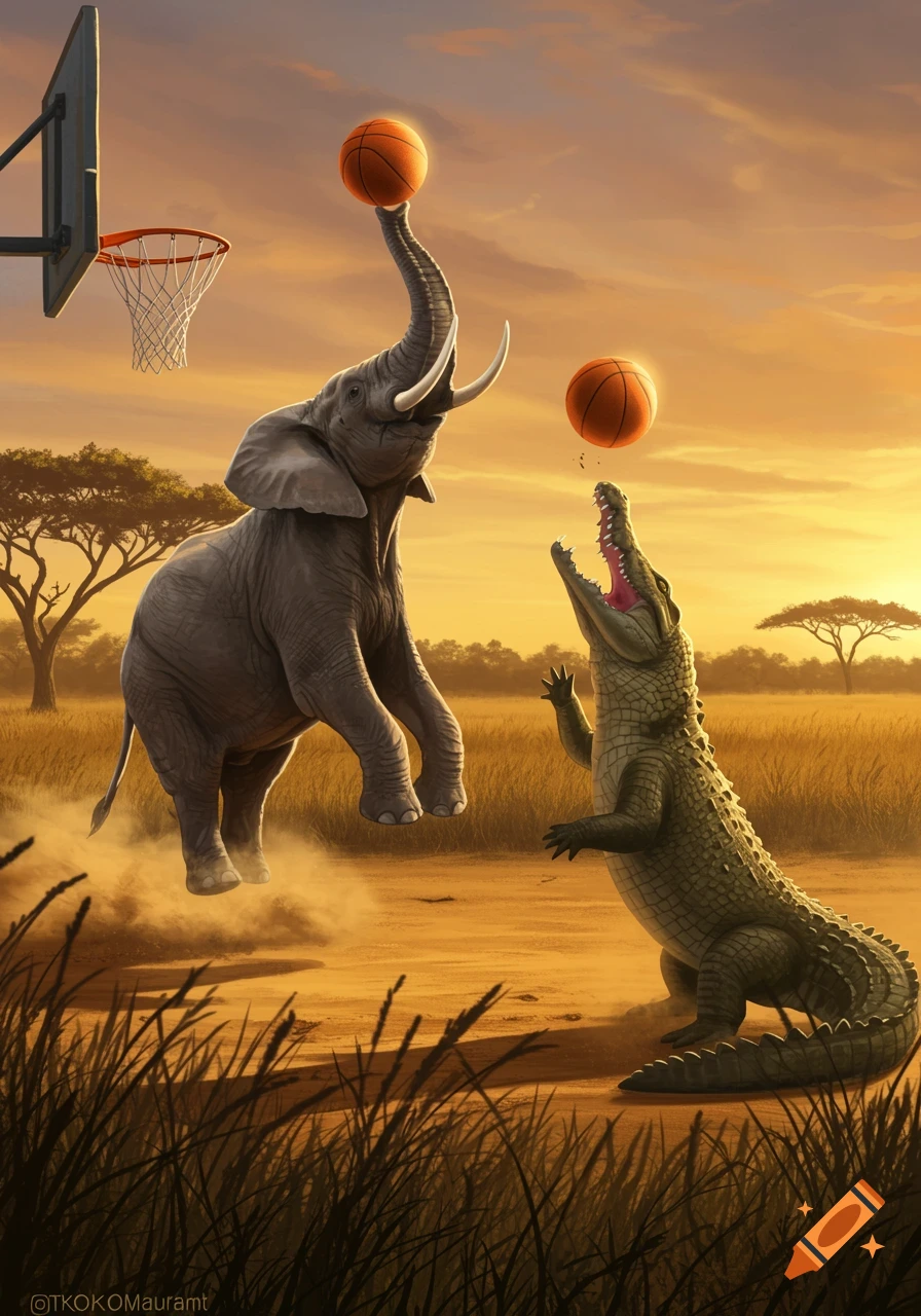 An elephant prepares to dunk a basketball while a crocodile leaps to block it on an African savanna at sunset.