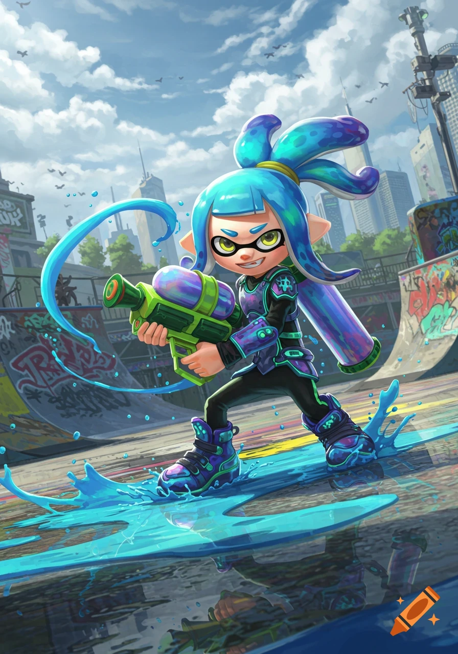 A blue-haired Splatoon inkling character holds a green water gun, standing in a puddle of blue ink in a vibrant skate park.