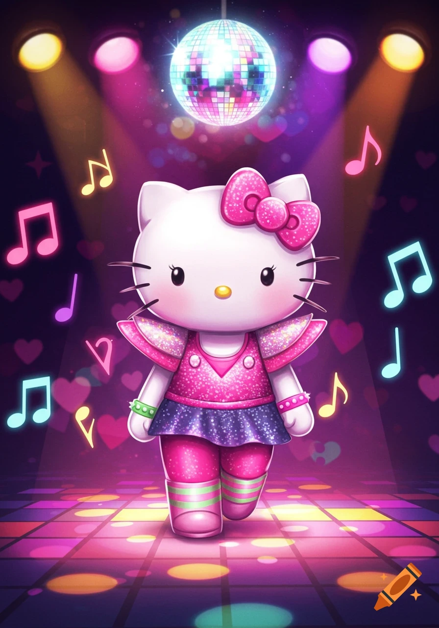 Hello Kitty in a glittery pink and purple outfit on a vibrant disco dance floor with a disco ball and musical notes.