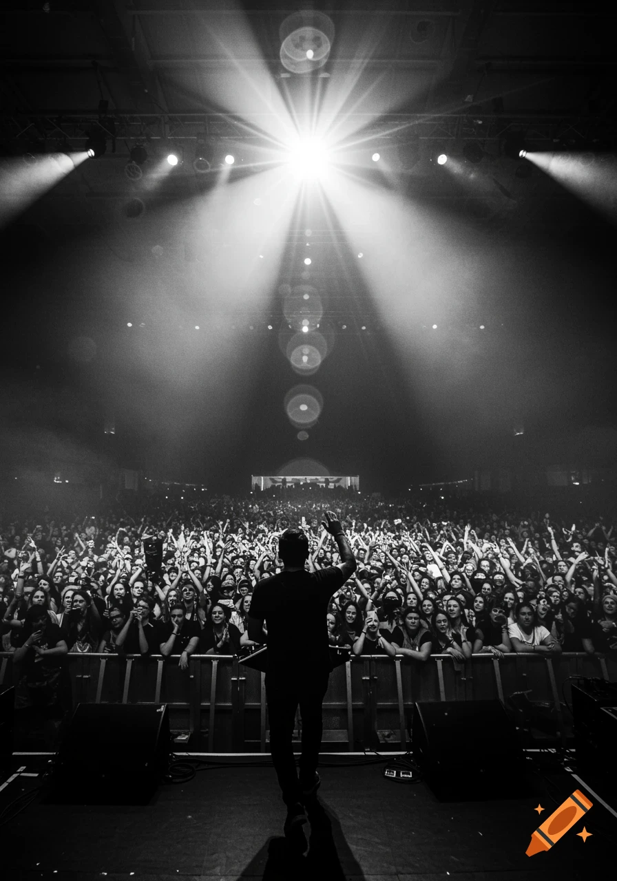 Black and white photo of a performer on stage, raising a hand to a large, energetic audience with their hands up, bathed in bright, flared stage lights.