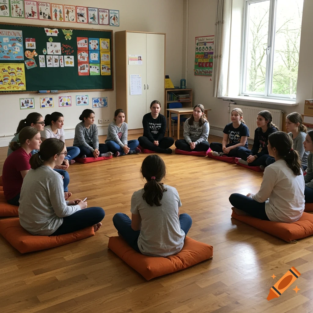 A group of teenage girls are sitting in a circle on orange cushions on a wooden floor, listening intently in a classroom.