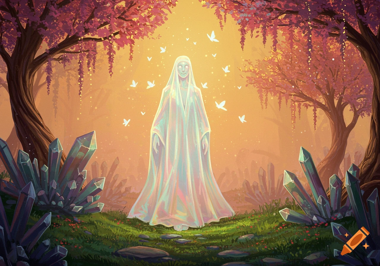 A glowing, robed figure stands amidst vibrant pink trees, large crystals, and white butterflies in a mystical fantasy forest.