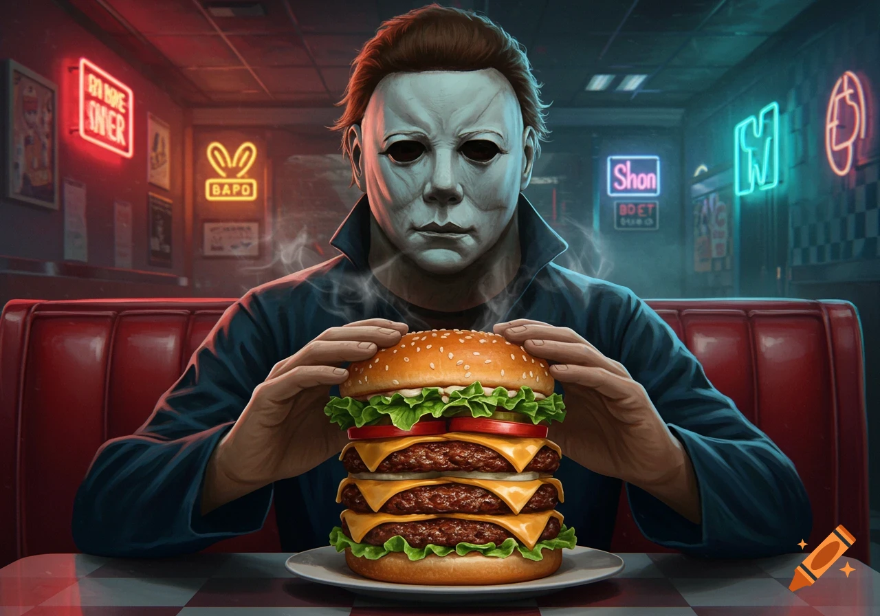 Michael Myers sits in a diner booth, holding a large triple-decker hamburger, with neon signs in the background.