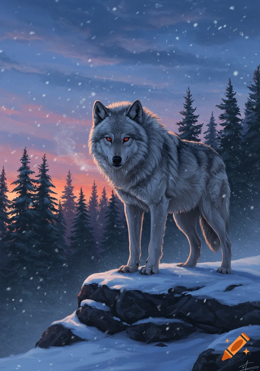 A majestic grey wolf with glowing red eyes stands on a snowy rock outcrop in a wintry forest at twilight.