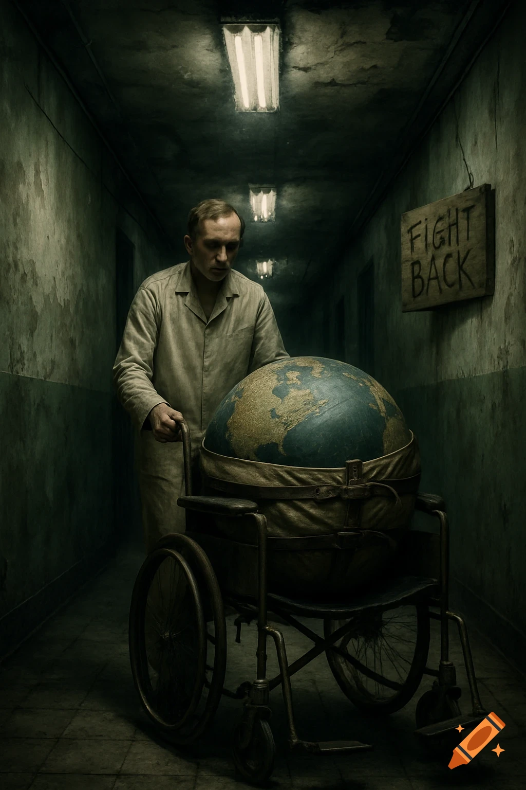 A man in an orderly uniform pushes a globe in a wheelchair down a dark, eerie asylum hallway with fluorescent lights and a 'FIGHT BACK' sign, hyper-realistic.