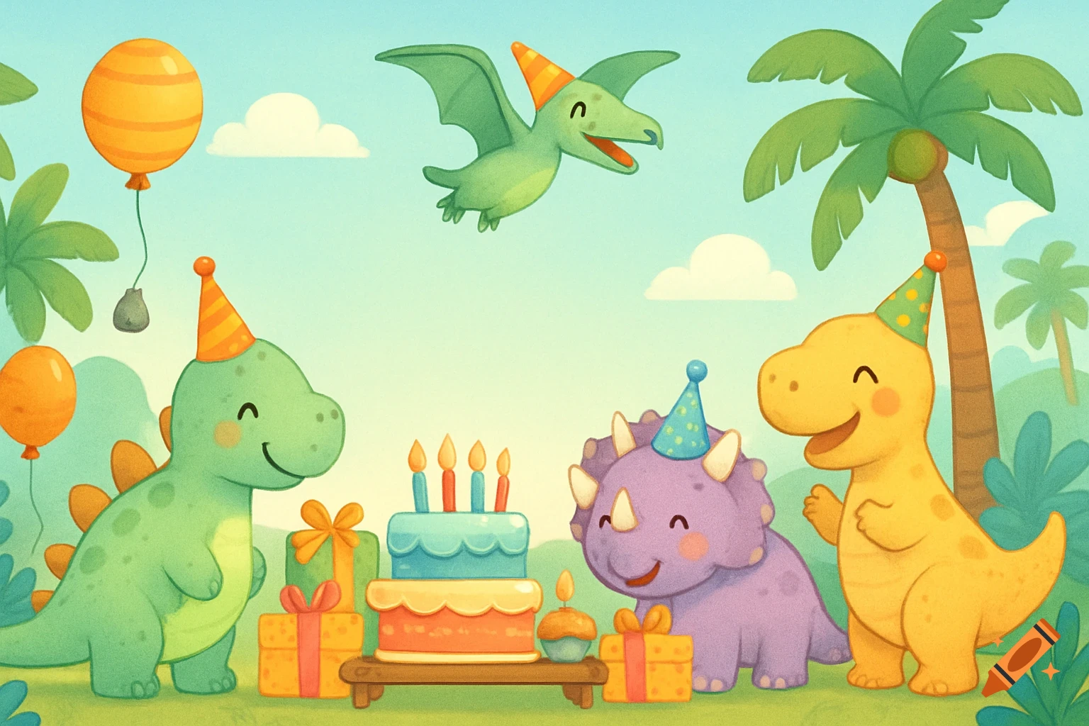 Cute cartoon dinosaurs celebrate a birthday with cake, presents, and balloons under palm trees and a sunny sky.