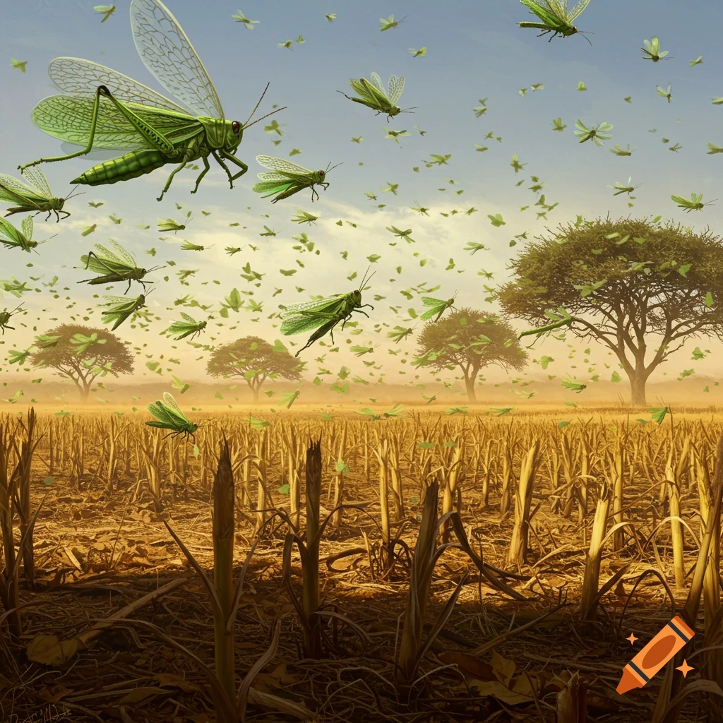 A massive swarm of green grasshoppers flies over a dry field with scattered trees under a clear sky.