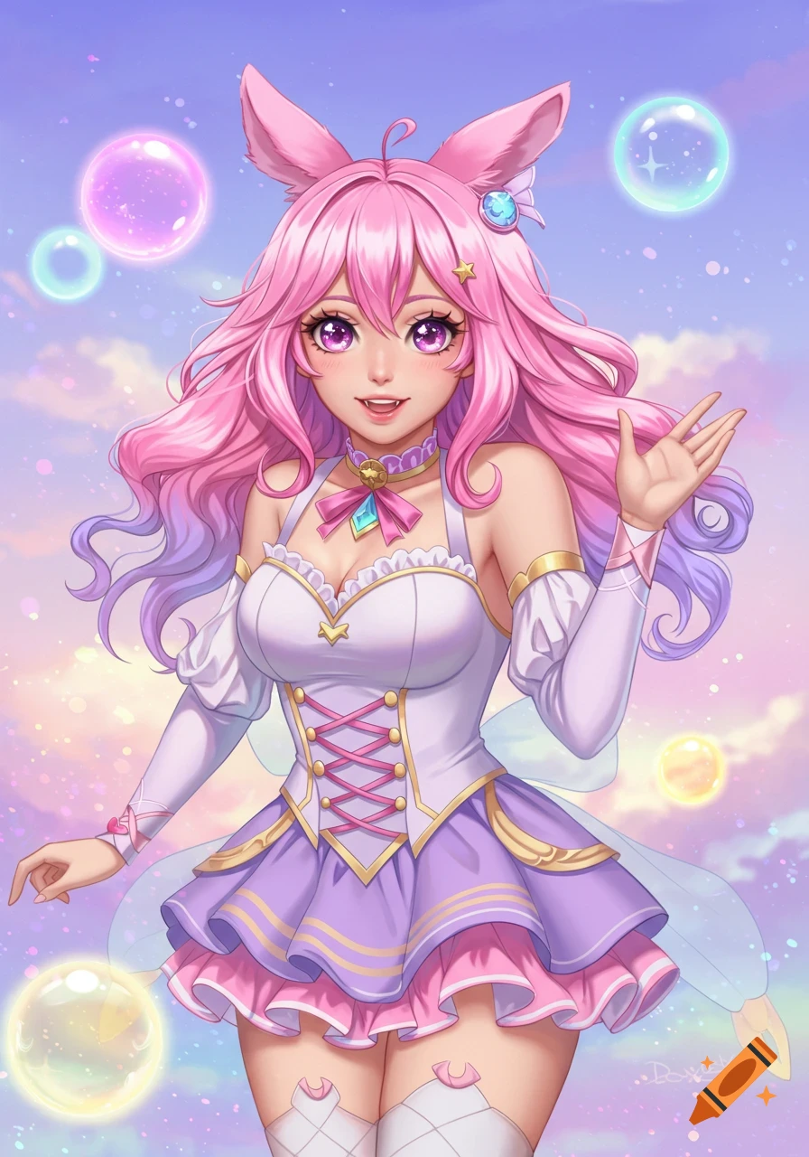 A smiling anime girl with long pink hair, bunny ears, and purple eyes wears a white and lavender dress, surrounded by bubbles in a pastel sky.