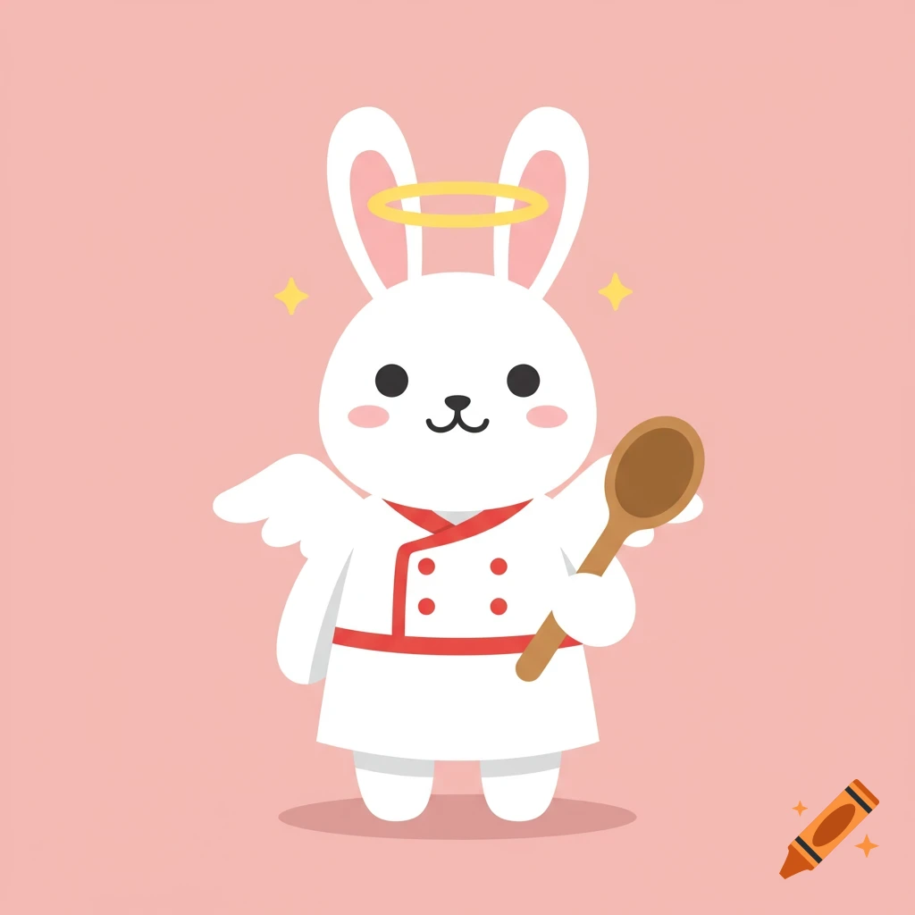 A cute cartoon white bunny dressed as a chef, with angel wings and a halo, holding a wooden spoon on a pink background.