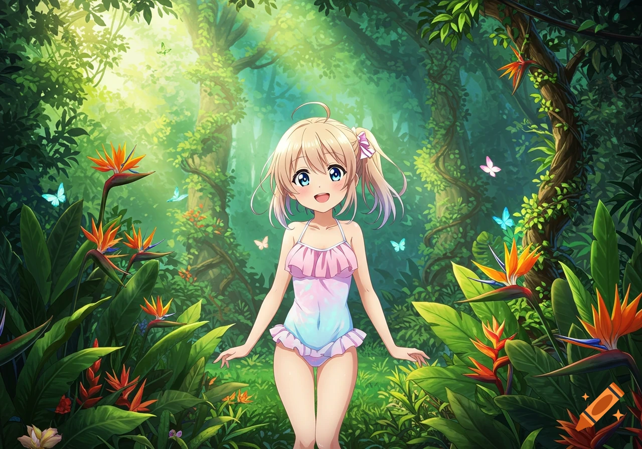 Cute anime girl in a pink and blue swimsuit stands in a vibrant jungle with birds of paradise flowers and butterflies.