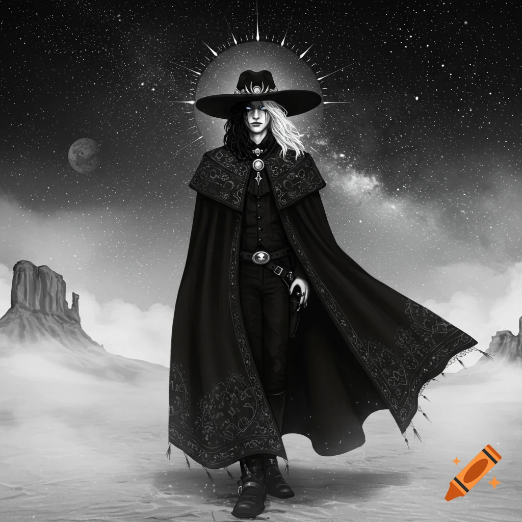 A black and white gothic cowboy in a wide-brimmed hat and long cape stands in a desert under a starry night sky.