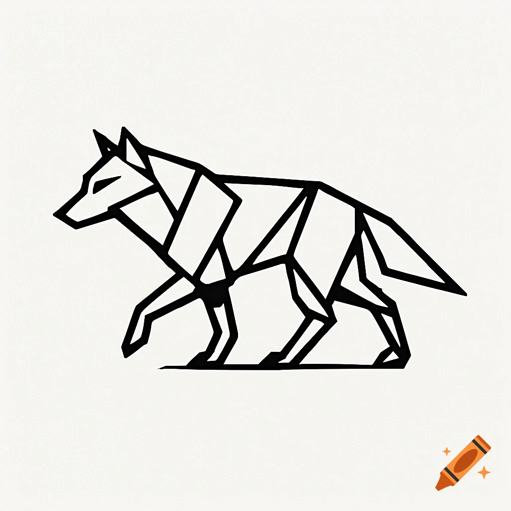 Geometric black outline of a wolf walking on a white background.