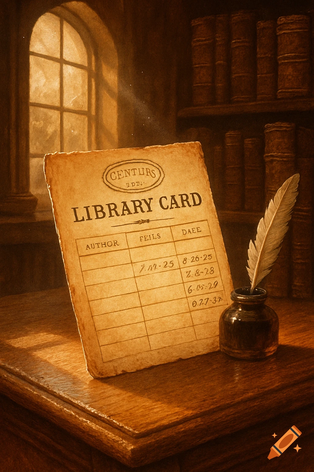An old, sepia-toned library card stands upright on a wooden desk, next to an inkwell with a quill, illuminated by light from a window, with bookshelves in the background.
