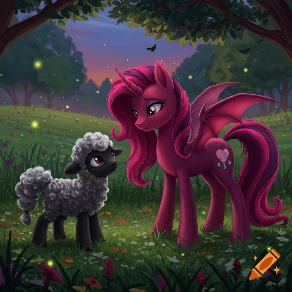 A magenta bat pony with a heart and balloons cutie mark smiles at a black lamb in a field at dusk.
