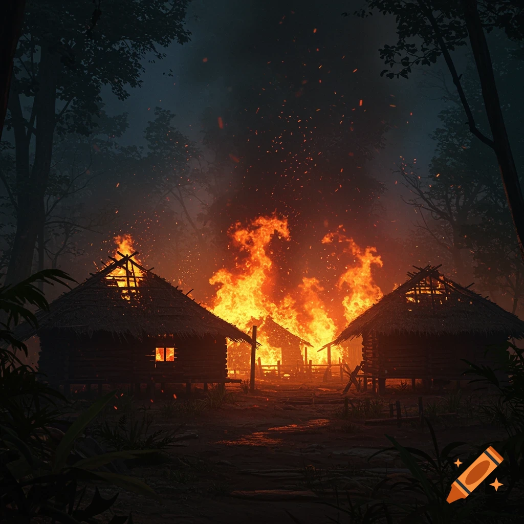 A wooden village in a dark jungle, consumed by large, vibrant fires, with sparks flying into the night sky.