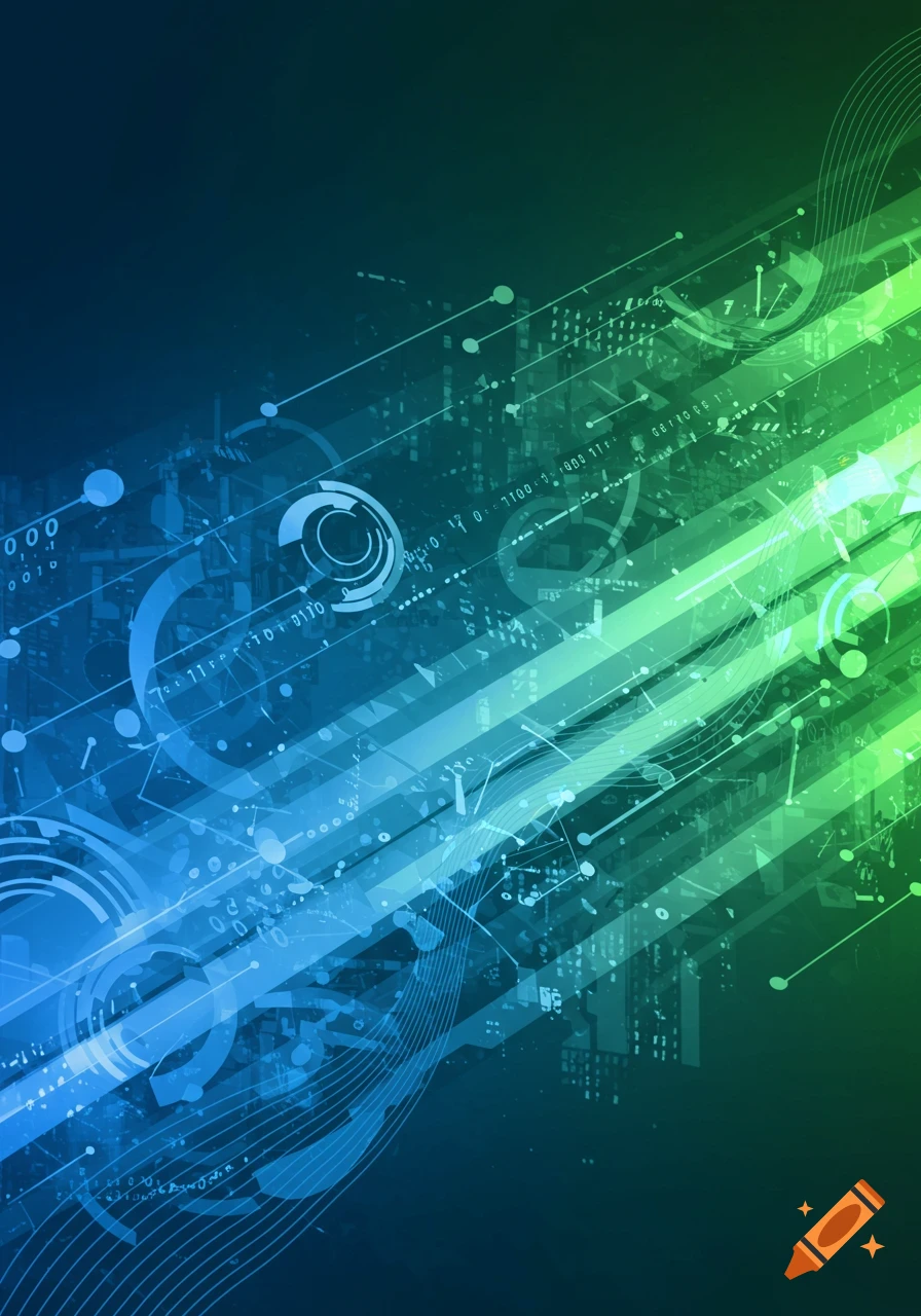 An abstract background with glowing blue and green diagonal lines, geometric shapes, and scattered digital data elements.