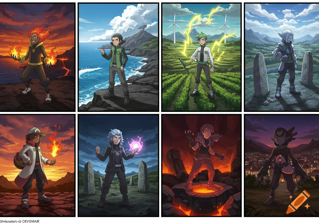 A grid of 8 Pokemon-style character illustrations, each depicting a young elemental gym leader in a distinct landscape.
